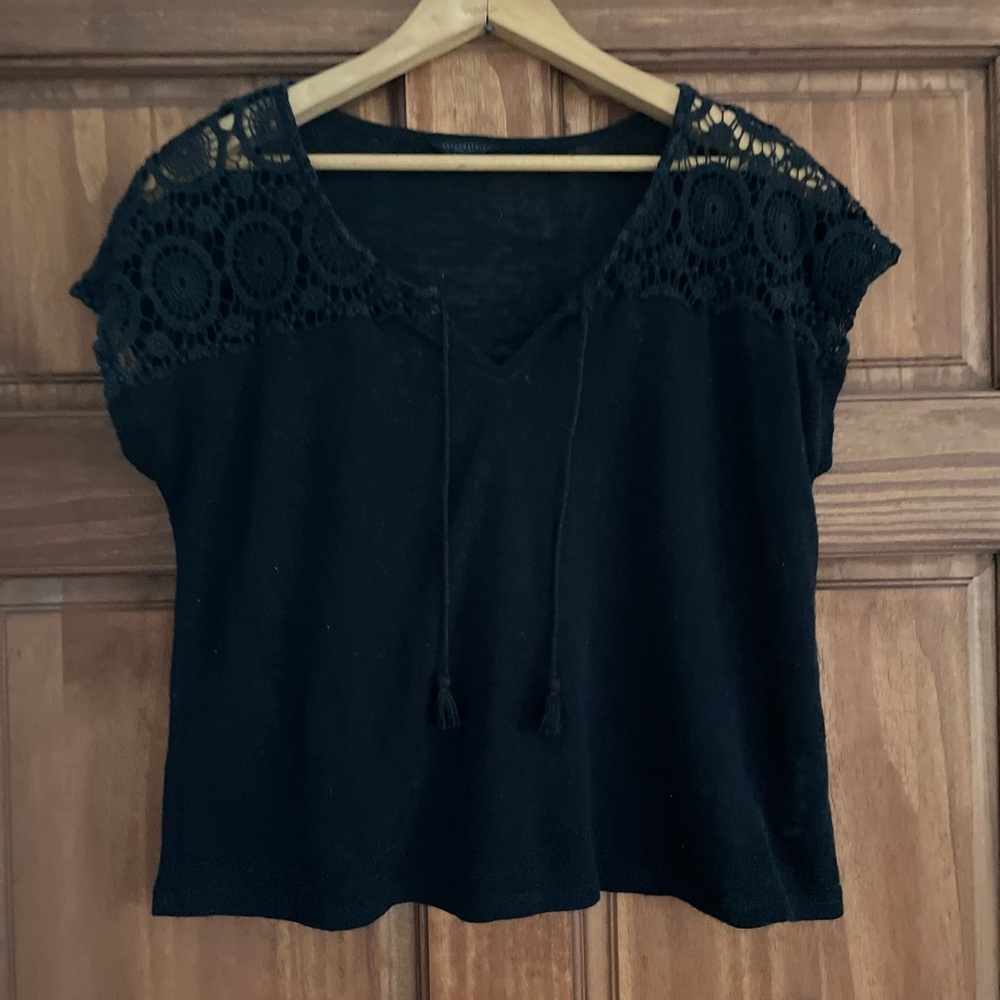 Aeropostale Boxy Crop Top, lace, tassels, boho,goth,Black Size:M women’s